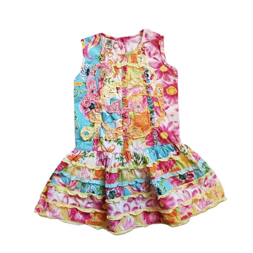 Beetlejuice London UK Dress 5 bright flowers ruffles sparkles LN Ribbon Trim